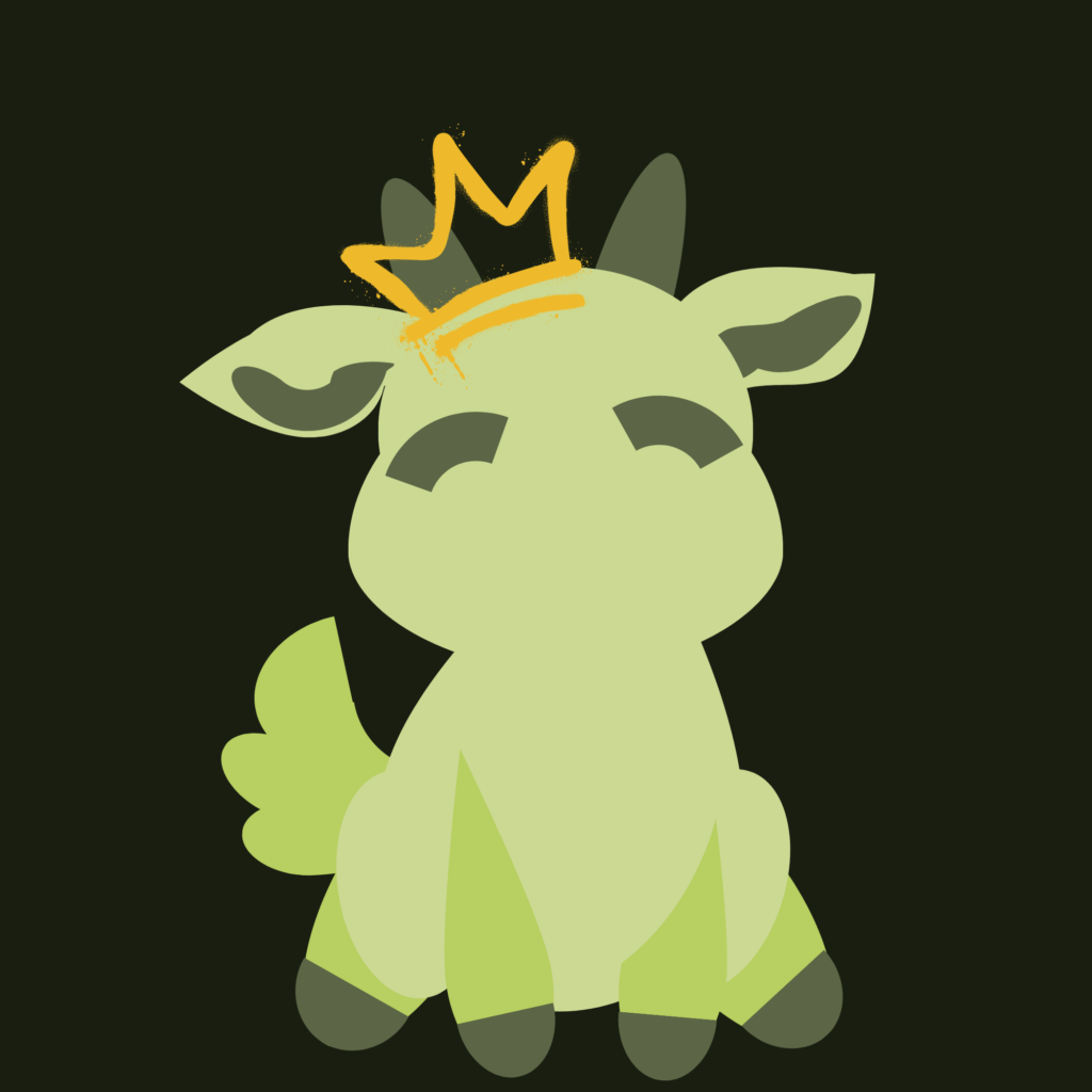 Goat icon in shades of green with an orange spray painted crown